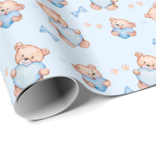 Blauw Knuffelbeer Baby Shower Cadeaupapier