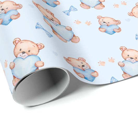 Blauw Knuffelbeer Baby Shower Cadeaupapier (Rol Hoek)