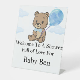 Blauw Knuffelbeer Baby Shower  Reclamebord Met Voetstuk