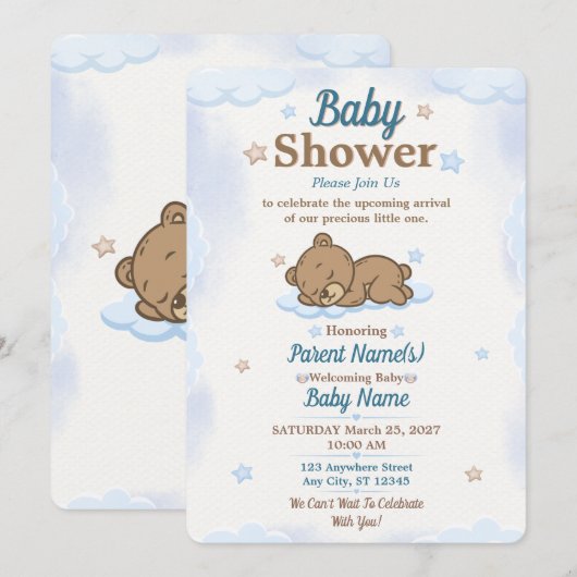 Blauw knuffelbeer babyshower uitnodiging Bewerkbaa (Voorkant / Achterkant)