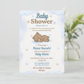 Blauw knuffelbeer babyshower uitnodiging Bewerkbaa (Staand voorkant)