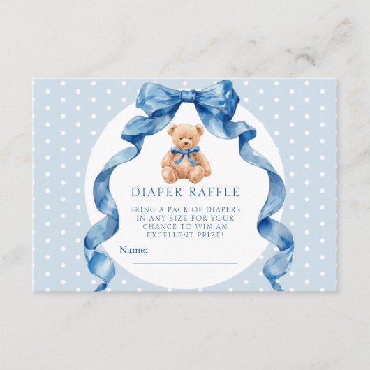 Blauw Knuffelbeer Luier Raffle Ticket Informatiekaartje (Voorkant)