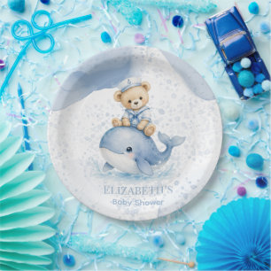 Blauw Knuffelbeer Op Walvis Jongens Baby Shower Papieren Bordje