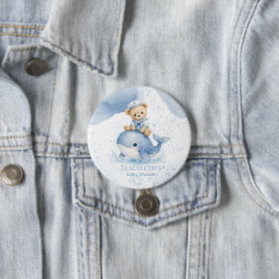 Blauw Knuffelbeer Op Walvis Jongens Baby Shower Ronde Button 7,6 Cm
