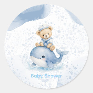Blauw Knuffelbeer Op Walvis Jongens Baby Shower Ronde Sticker