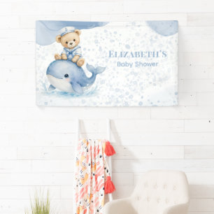 Blauw Knuffelbeer Op Walvis Jongens Baby Shower Spandoek