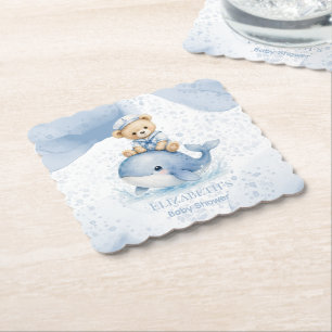 Blauw Knuffelbeer Op Walvis Jongens Babyfeestje Kartonnen Onderzetters