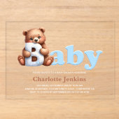 Blauw Knuffelbeertje Baby Shower Acryl Uitnodigingen (Voorkant)