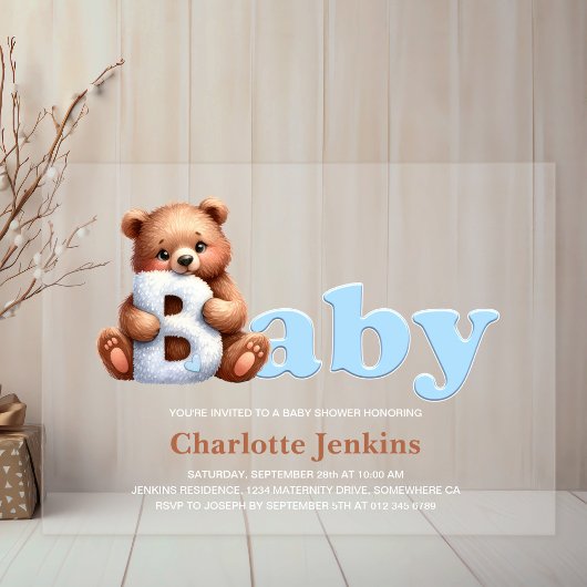Blauw Knuffelbeertje Baby Shower Acryl Uitnodigingen