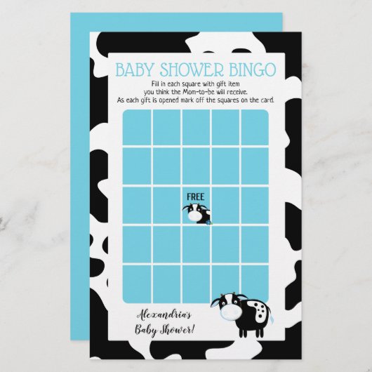 Blauw Koe Baby shower Bingo Game (Voorkant / Achterkant)