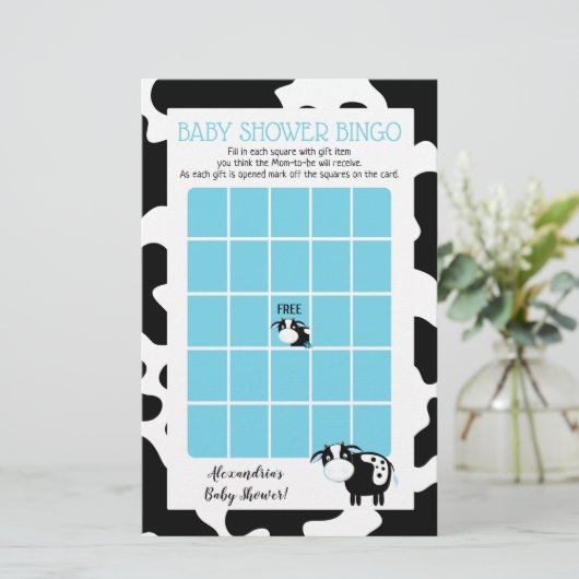 Blauw Koe Baby shower Bingo Game (Staand voorkant)