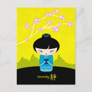 Blauw kokeshi-briefkaart briefkaart
