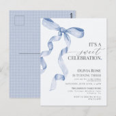 Blauw koket lint meisje verjaardagsfeest uitnodigi briefkaart (Voorkant / Achterkant)