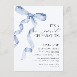 Blauw Kokette Strik Meisje Verjaardagsfeest Uitnod Briefkaart