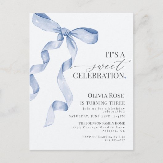 Blauw kokette strik meisje verjaardagsfeest uitnod briefkaart (Voorkant)