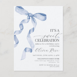 Blauw Kokette Strik Meisje Verjaardagsfeest Uitnod Briefkaart