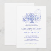 Blauw koloniaal huis/herenhuis/Manor bruiloft Kaart (Voorkant / Achterkant)