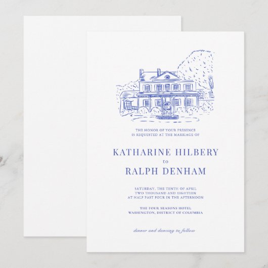 Blauw koloniaal huis/herenhuis/Manor bruiloft Kaart (Voorkant / Achterkant)