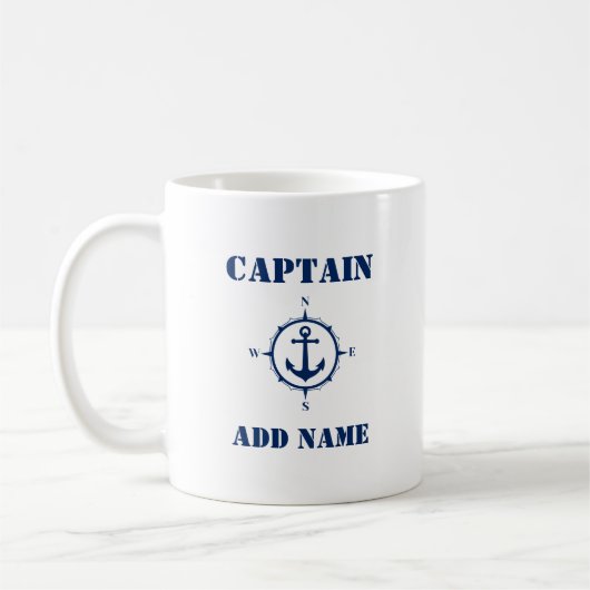 Blauw kompas Anker Captain Voeg naam of bootnaam t Koffiemok (Links)