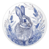 Blauw Konijn en Lavendel Grens Keramische Knop (Voorkant)