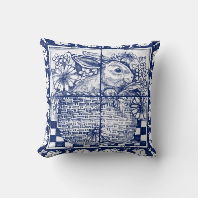  blauw konijn Floral Dedham Delft Cottage Kussen (Voorkant)