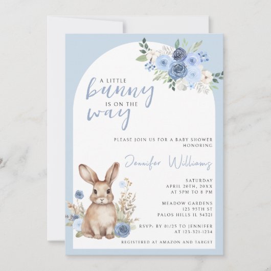 Blauw konijn Pasen baby jongen douche uitnodiging (Voorkant)