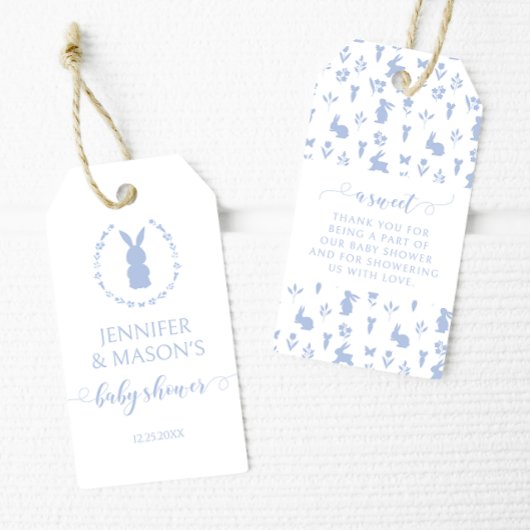 Blauw konijn Pasen lente baby shower bedankt Cadeaulabel