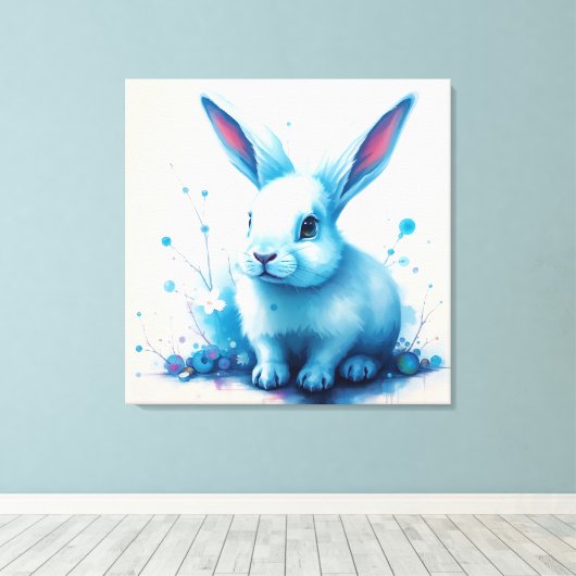 Blauw Konijn Watercolor Kunstwerk Canvas Afdruk (Insitu (Houten vloer))