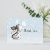 Blauw konijntje hart confetti plat dank u kaart (Staand voorkant)