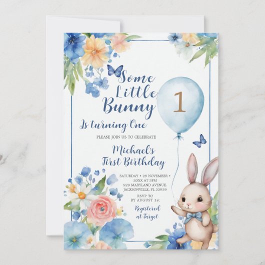 Blauw Konijntje Pasen Verjaardag Kleurrijke Bloeme Kaart (Voorkant)