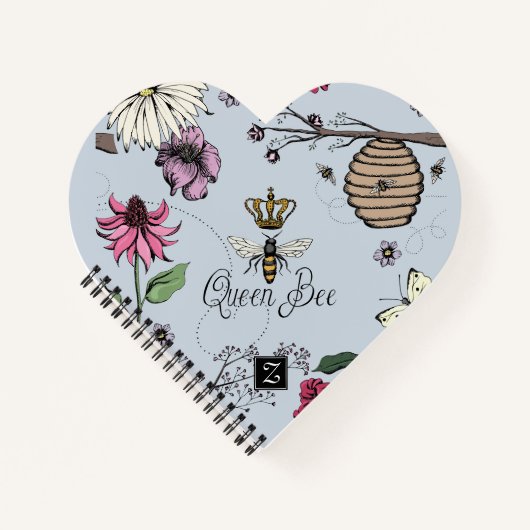 Blauw Koningin Bee & Royal Crown Floral Notitieboek (Voorkant)