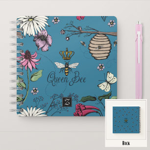  Blauw Koningin Bijen & Kroon Bloemen Monogram Notitieboek
