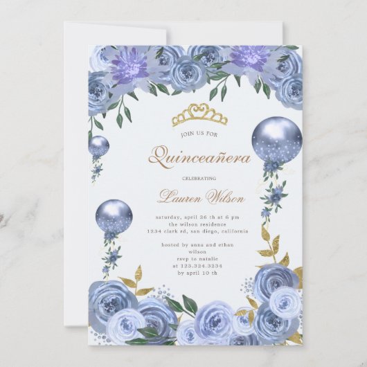 Blauw Koninklijk Bloemstuk Quinceanera Foto Uitnod Save The Date (Voorkant)