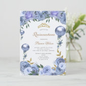 Blauw Koninklijk Bloemstuk Quinceanera Foto Uitnod Save The Date (Staand voorkant)