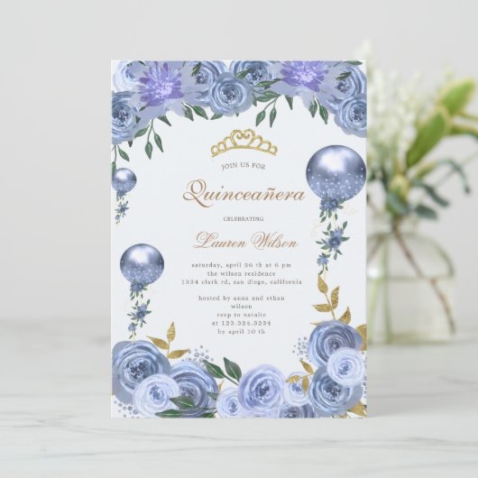 Blauw Koninklijk Bloemstuk Quinceanera Foto Uitnod Save The Date (Staand voorkant)