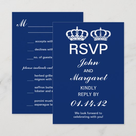 Blauw Koninklijk Huwelijks RSVP Kaartje (Voorkant / Achterkant)