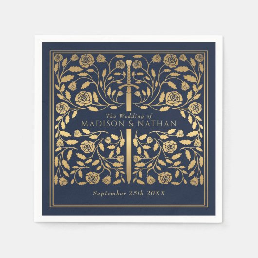 Blauw Koninklijk Middeleeuws Goud Zwaard Bruiloft Servet (Voorkant)