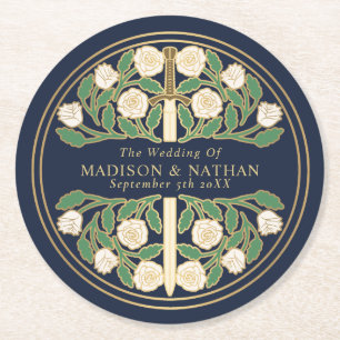 Blauw Koninklijk Middeleeuws Gouden Bloem Zwaard B Ronde Kartonnen Onderzetter