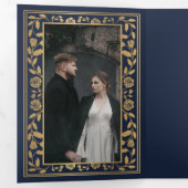 Blauw Koninklijk Middeleeuws Zwaard Huwelijk QR Co Drieluik Uitnodiging (Binnenzijde eerst)