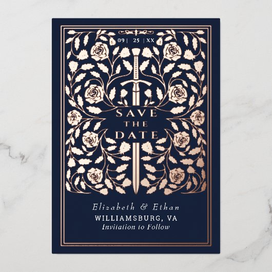 Blauw Koninklijk Middeleeuws Zwaard Huwelijk Save  Folie Uitnodiging (Voorkant)