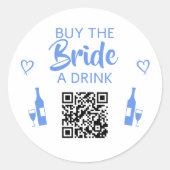 Blauw Koop de Bruid een Drink QR Code Meidenavond Ronde Sticker (Voorkant)