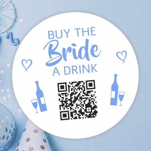 Blauw Koop de Bruid een Drink QR Code Meidenavond Ronde Sticker