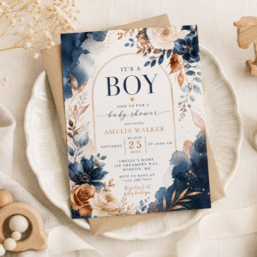 Blauw & Koper Aquarel Baby Shower Uitnodiging