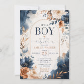 Blauw & Koper Aquarel Baby Shower Uitnodiging (Voorkant)