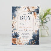 Blauw & Koper Aquarel Baby Shower Uitnodiging (Staand voorkant)