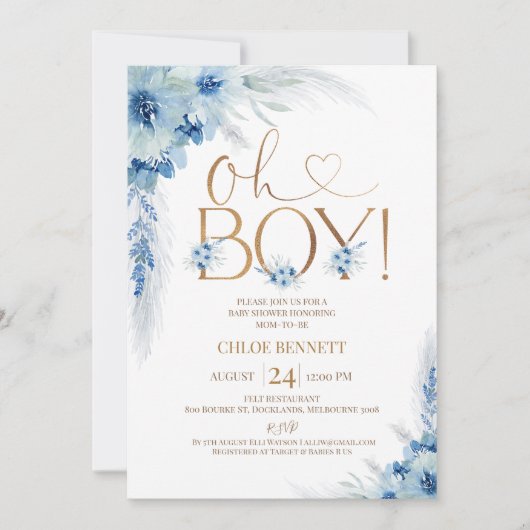 Blauw Koper Boho Pampas Grass Oh Boy Baby shower Kaart (Voorkant)