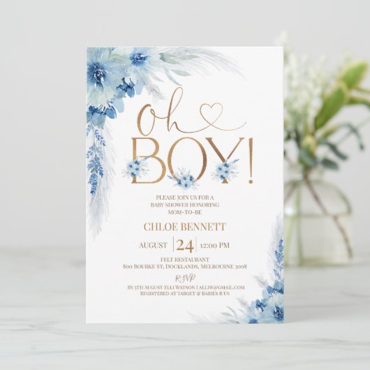 Blauw Koper Boho Pampas Grass Oh Boy Baby shower Kaart (Staand voorkant)