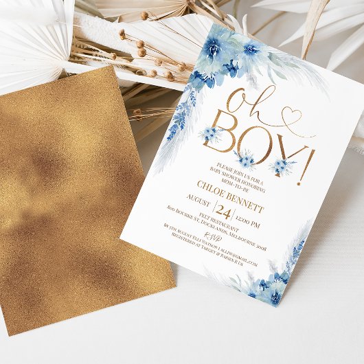Blauw Koper Boho Pampas Grass Oh Boy Baby shower Kaart