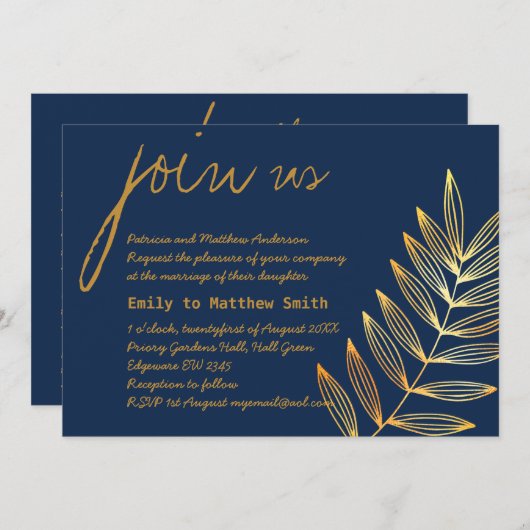 Blauw Koperen Blad Trouw Uitnodiging Modern Minima (Voorkant / Achterkant)