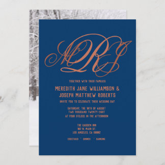 Blauw Koperen Elegant Monogram Schrift Bruiloft Kaart